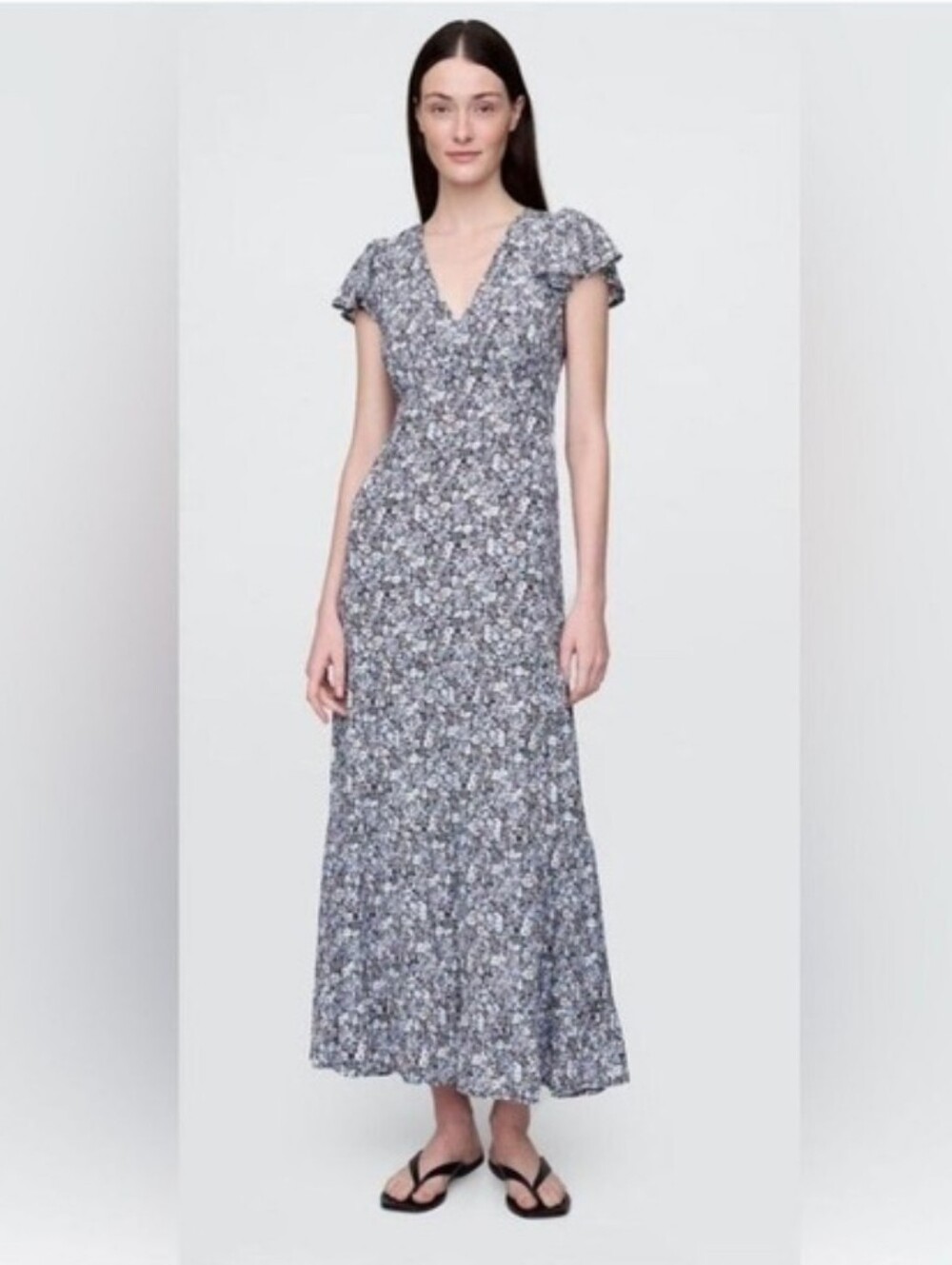 NWT Crepe Tiered V-Neck Maxi Dress Blue Floral XSP Sundress